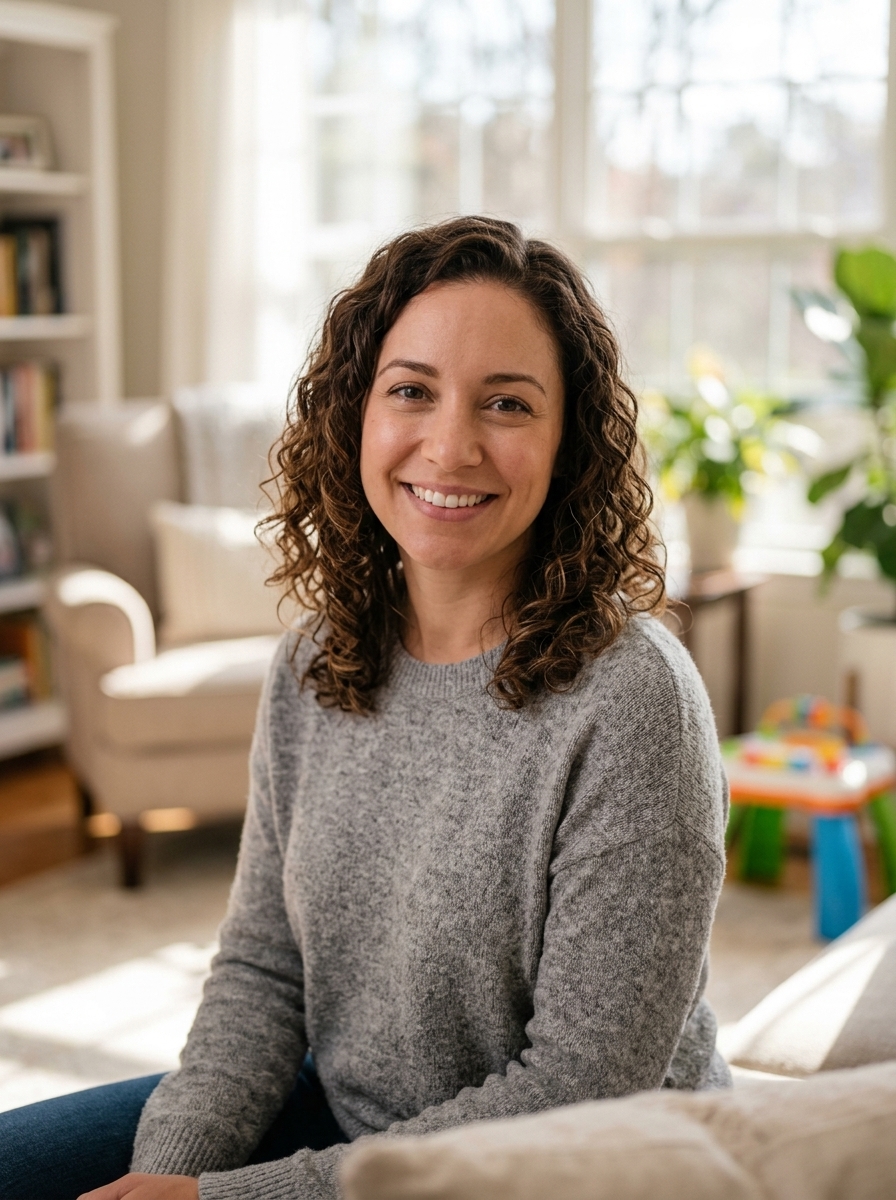 A smiling caregiver in a bright family living room