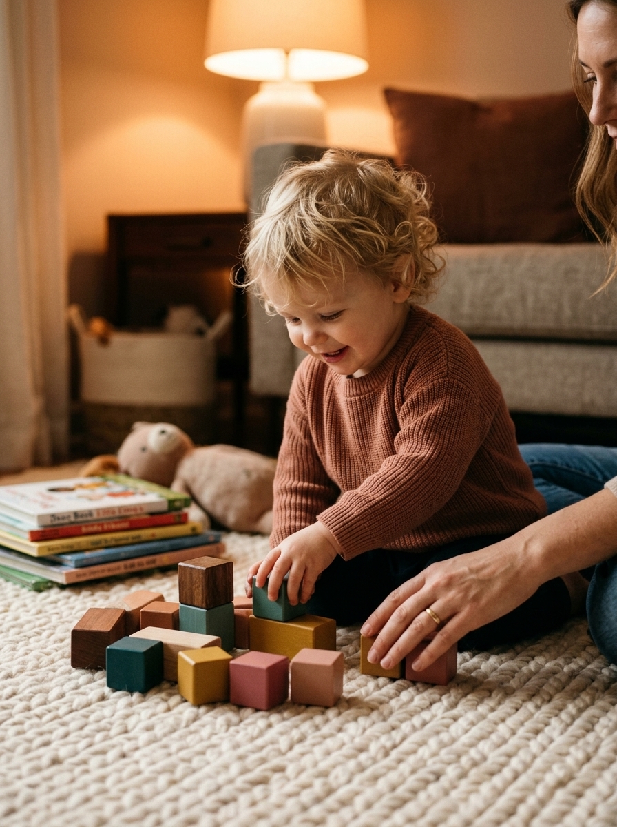 A toddler building with wooden blocks beside a parent
