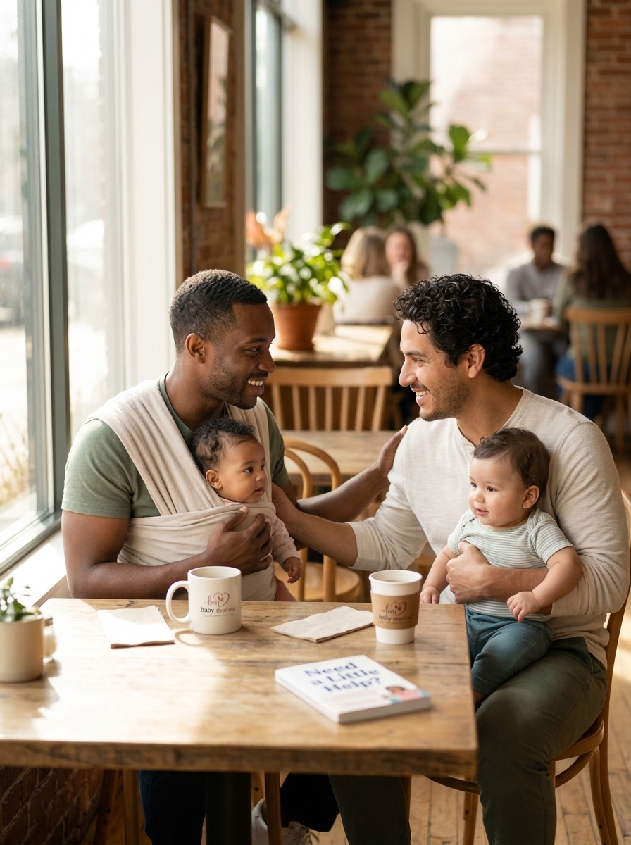 Two fathers talking while holding their babies in a café