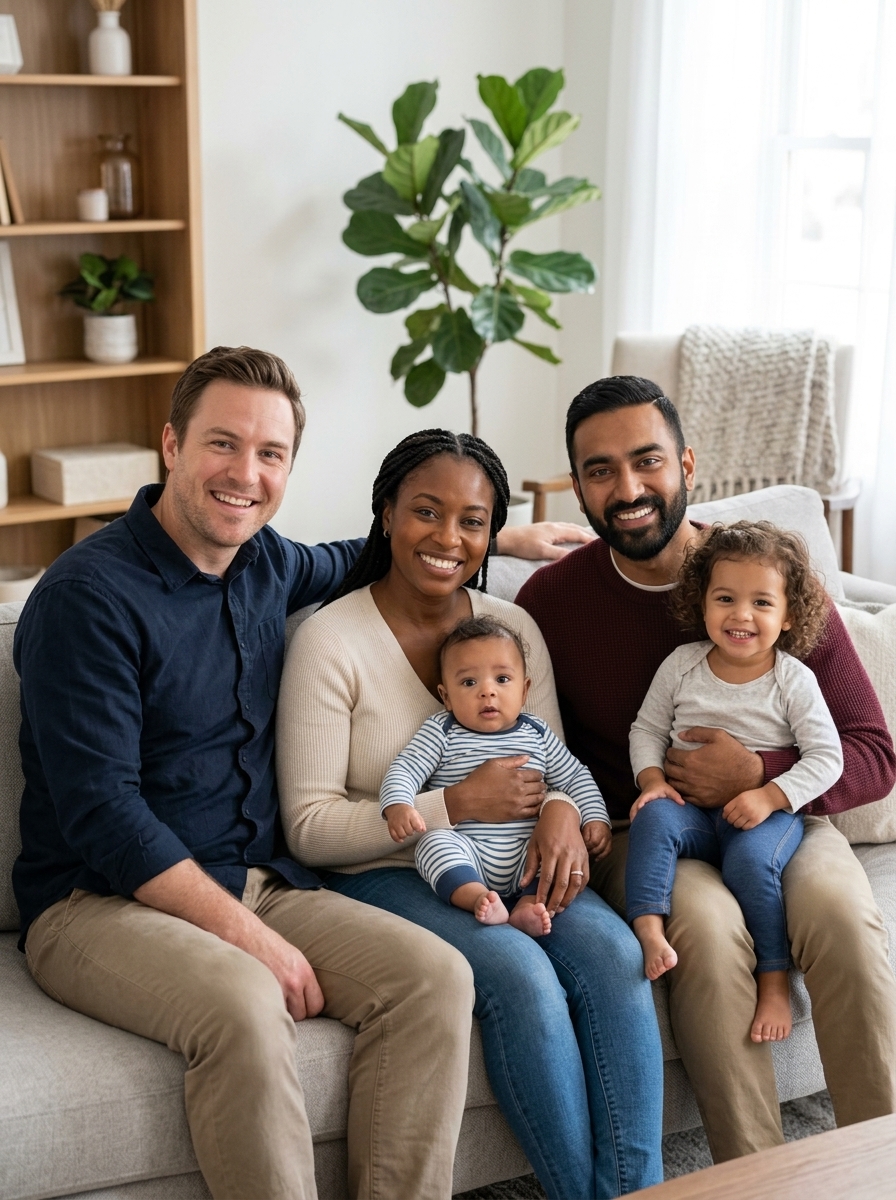 Parents and caregivers sitting together with a baby and toddler