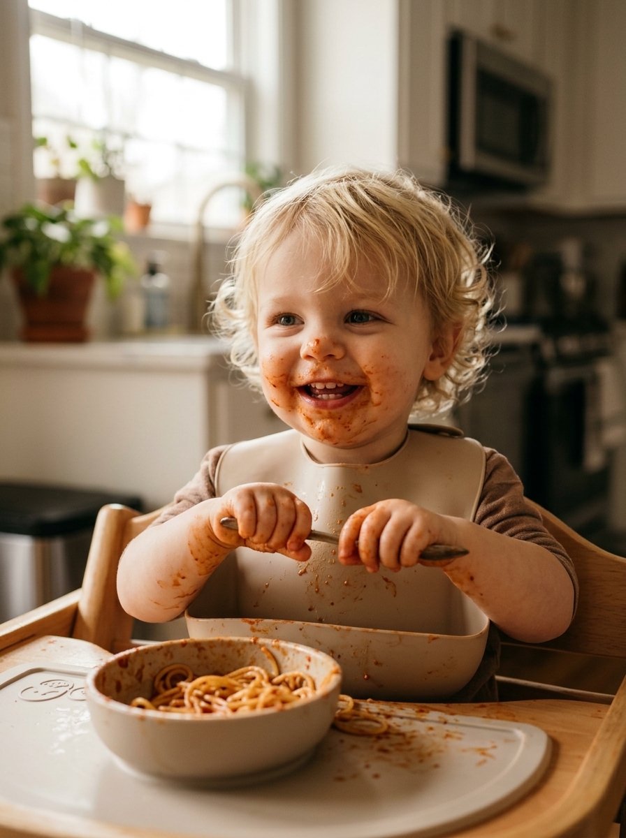A toddler happily eating spaghetti in a high chair