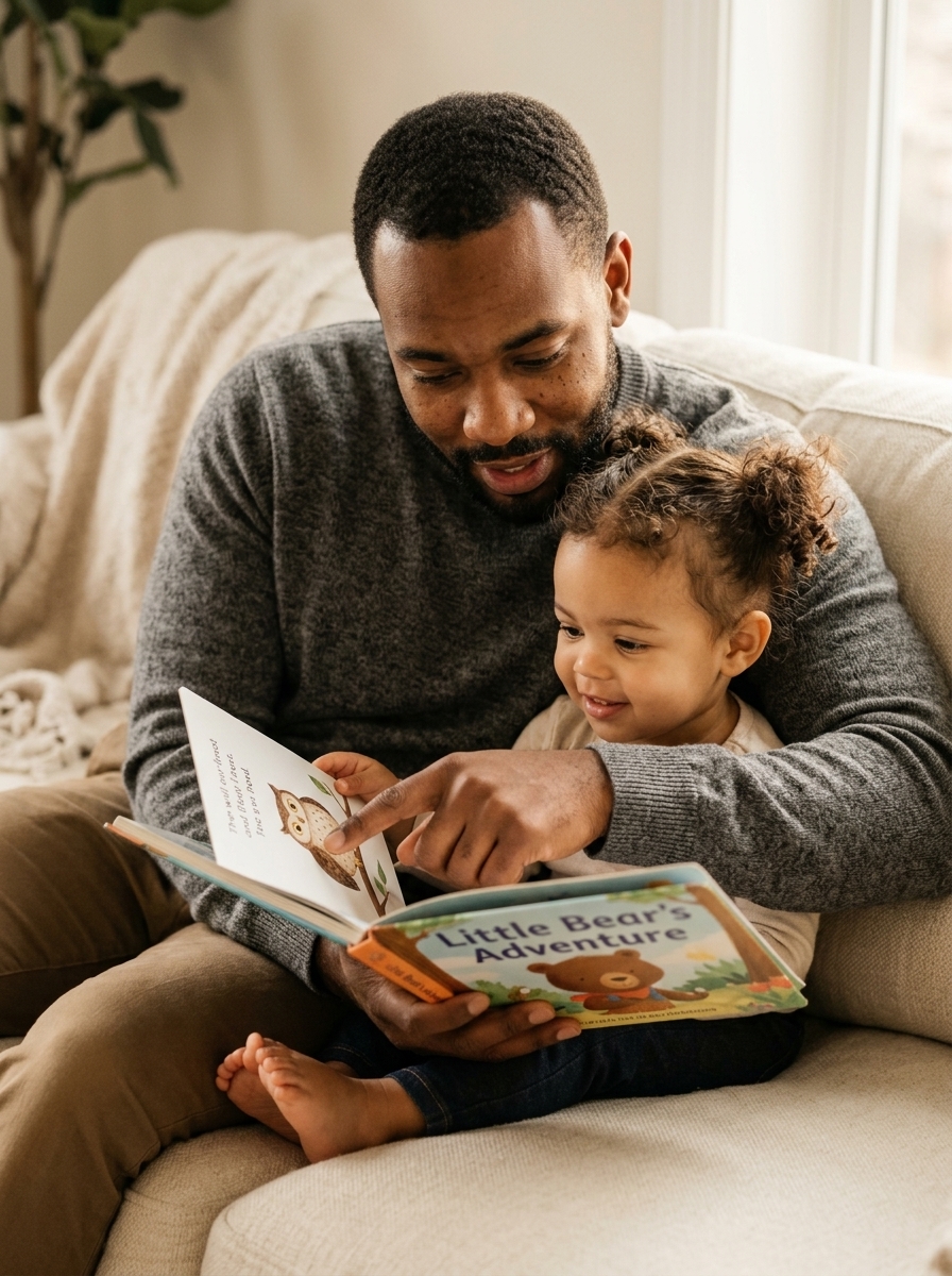 A father reading a picture book with his toddler