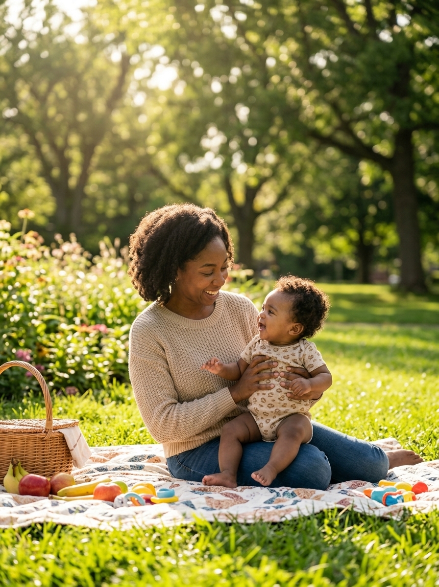 A mother and baby sitting together on a picnic blanket in a park