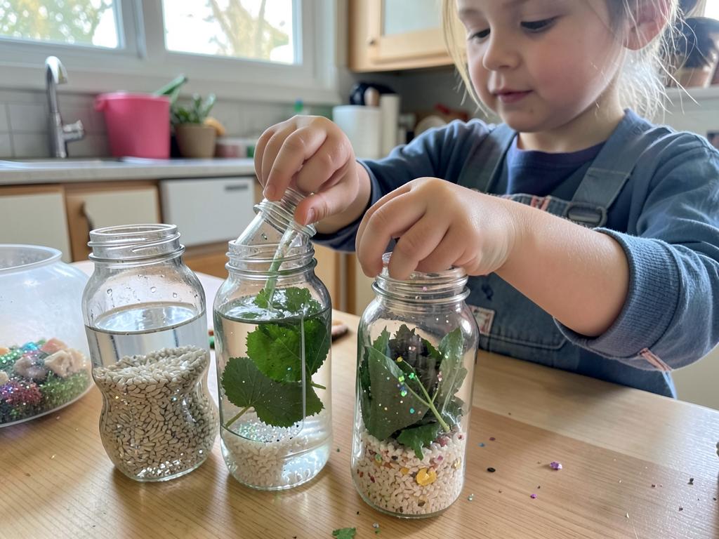 A child filling clear jars with water, rice, leaves and glitter to make nature sensory bottles