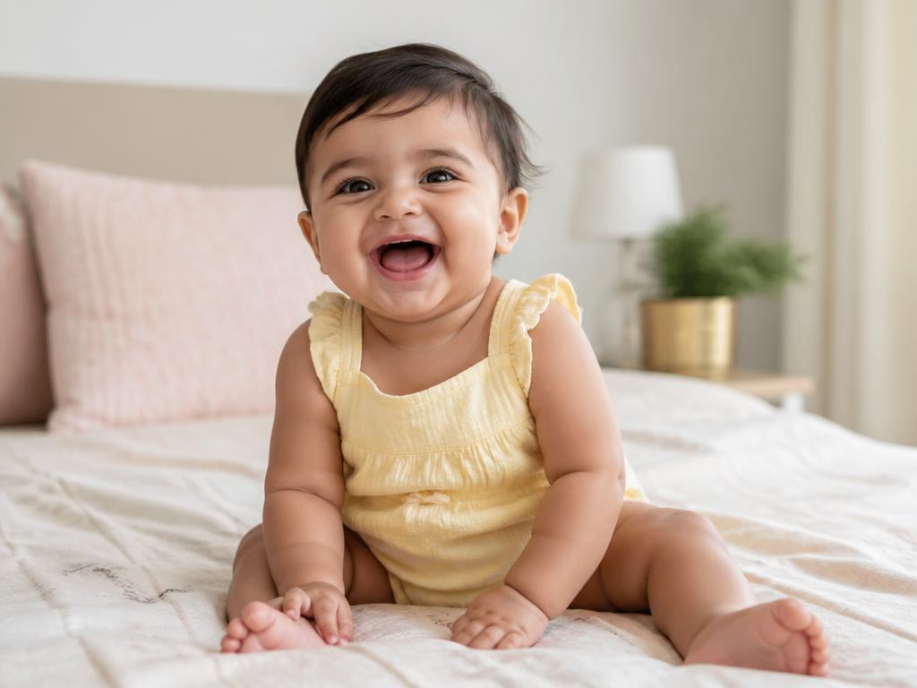 A laughing baby sitting up on a bed