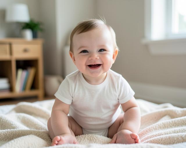 A smiling baby sitting up on a bed