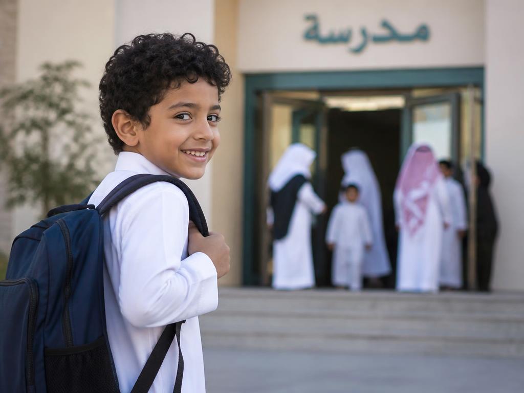 A smiling school-age boy wearing a backpack outside his school