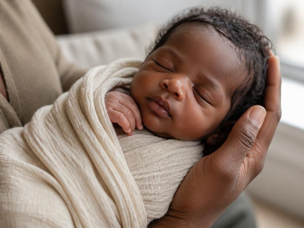 A swaddled newborn sleeping in a parent’s hands