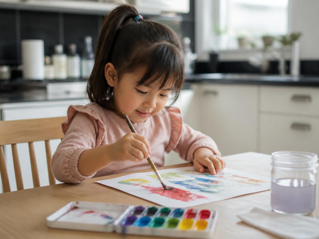 A preschool-age girl painting with watercolours at the kitchen table
