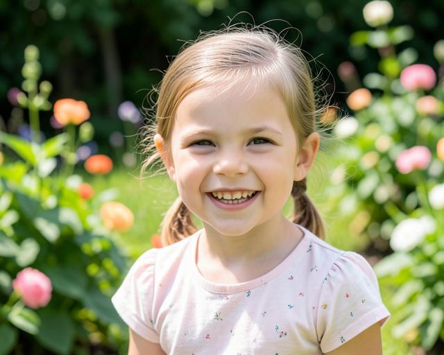 A preschool-age girl laughing in a garden