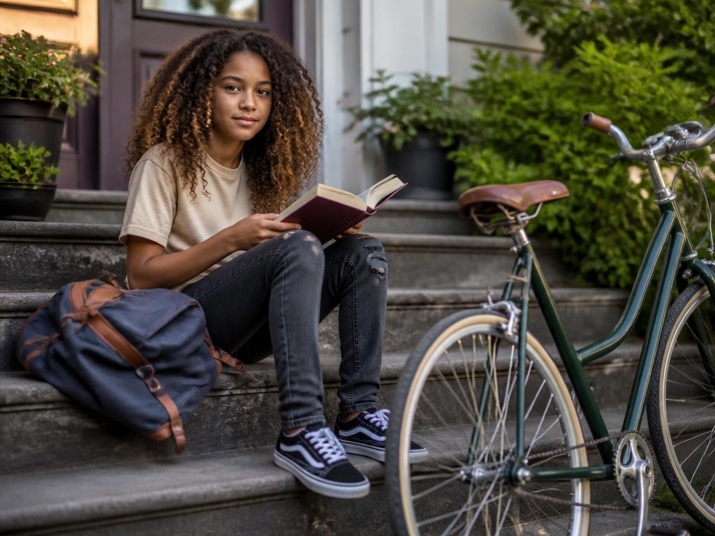 A preteen girl reading a book on the front steps beside her bicycle