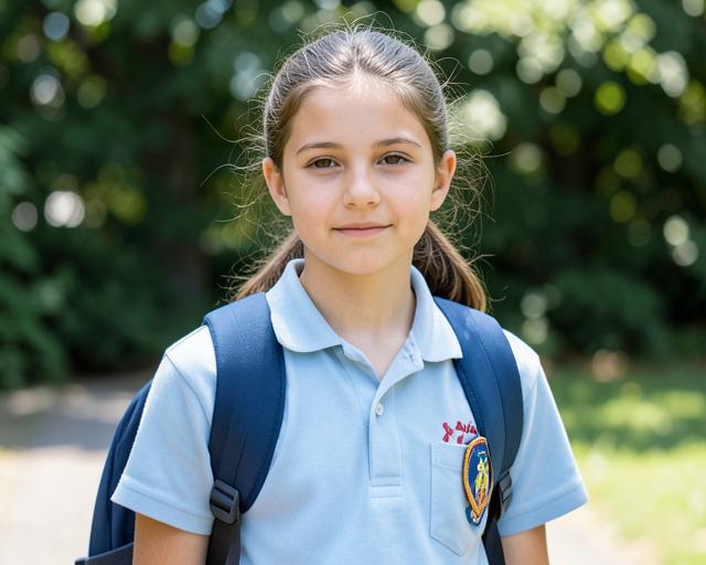 A school-age girl with a backpack outdoors