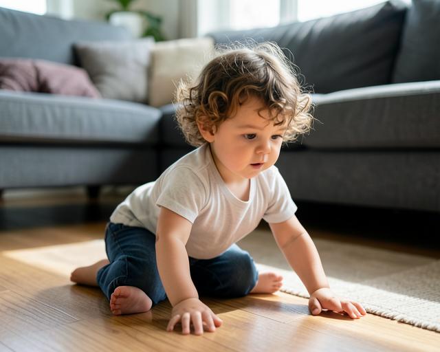 A curly-haired toddler playing on the floor