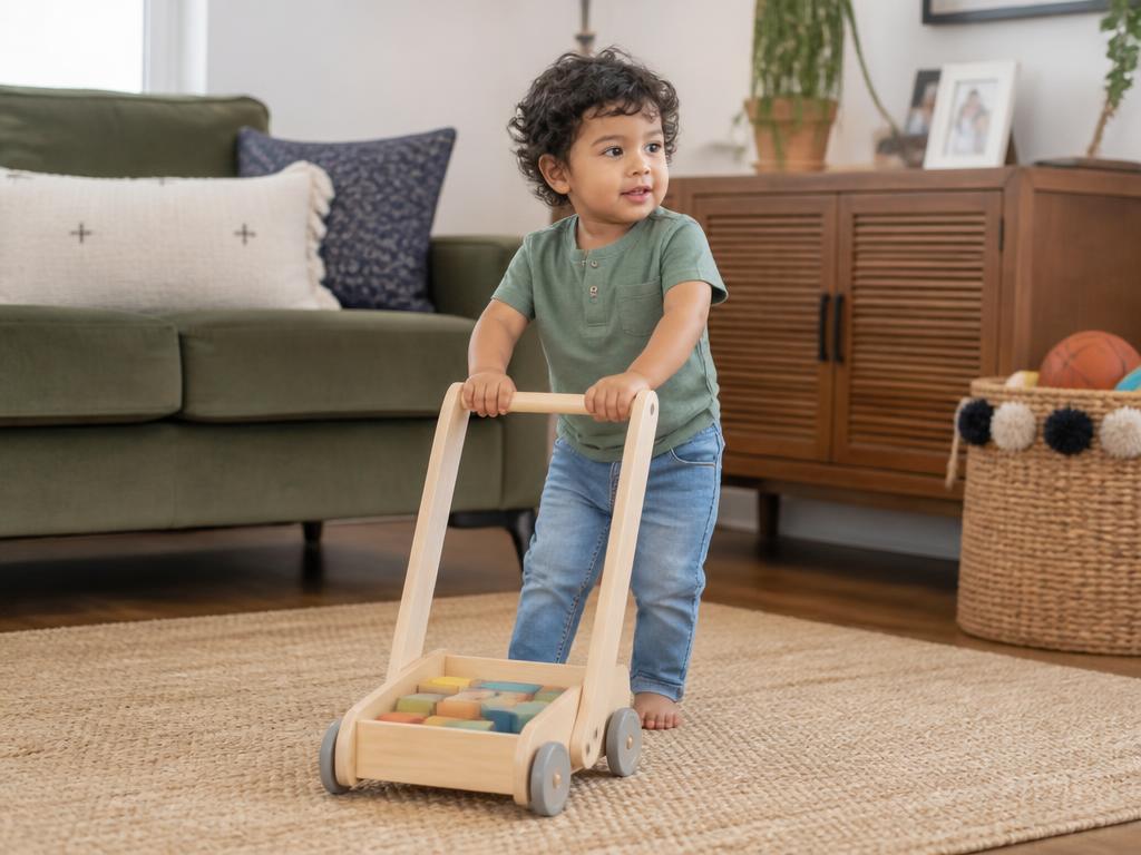 A curly-haired toddler pushing a wooden walker toy across a rug