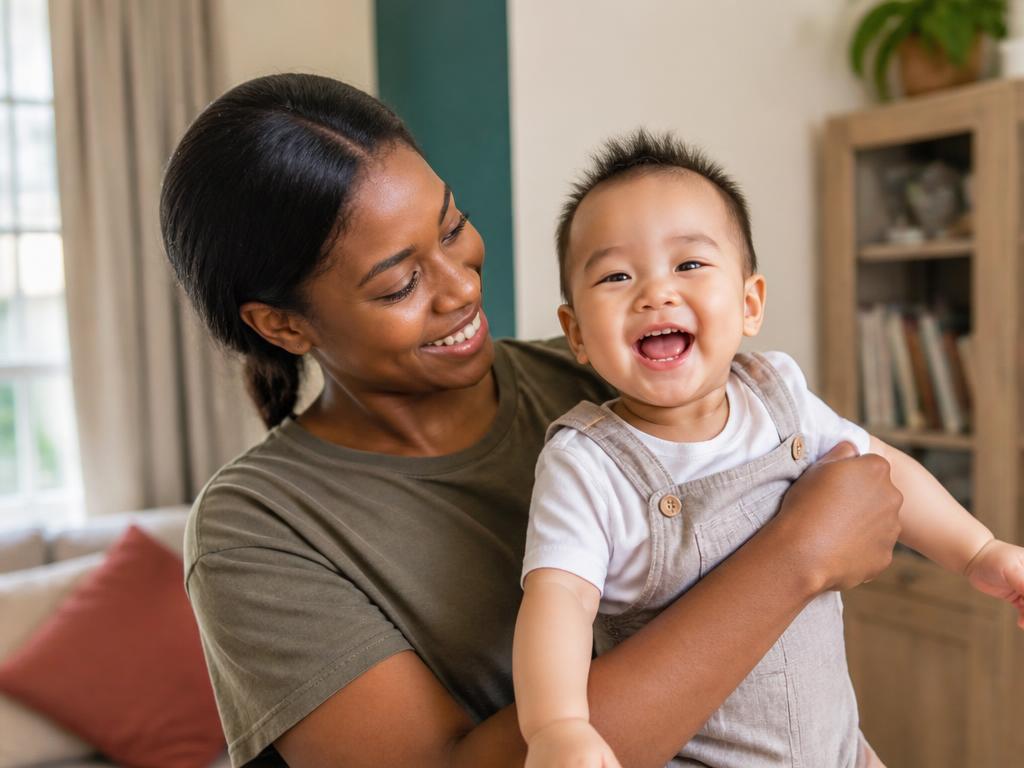 A caregiver holding a laughing toddler in a bright living room