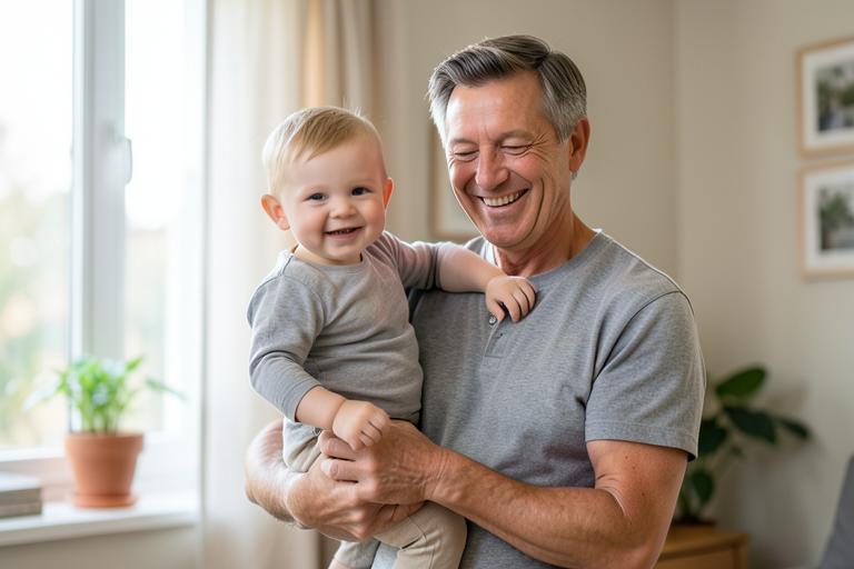 A caregiver holding a laughing toddler at home