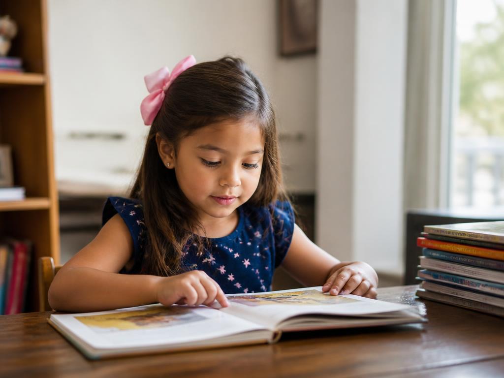 A young girl reading a picture book at a wooden table