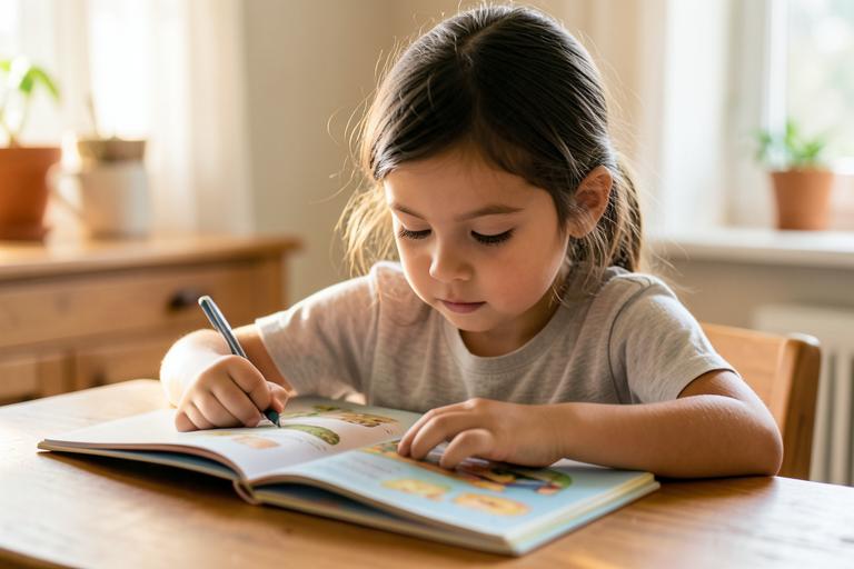 A young girl reading a picture book at a table