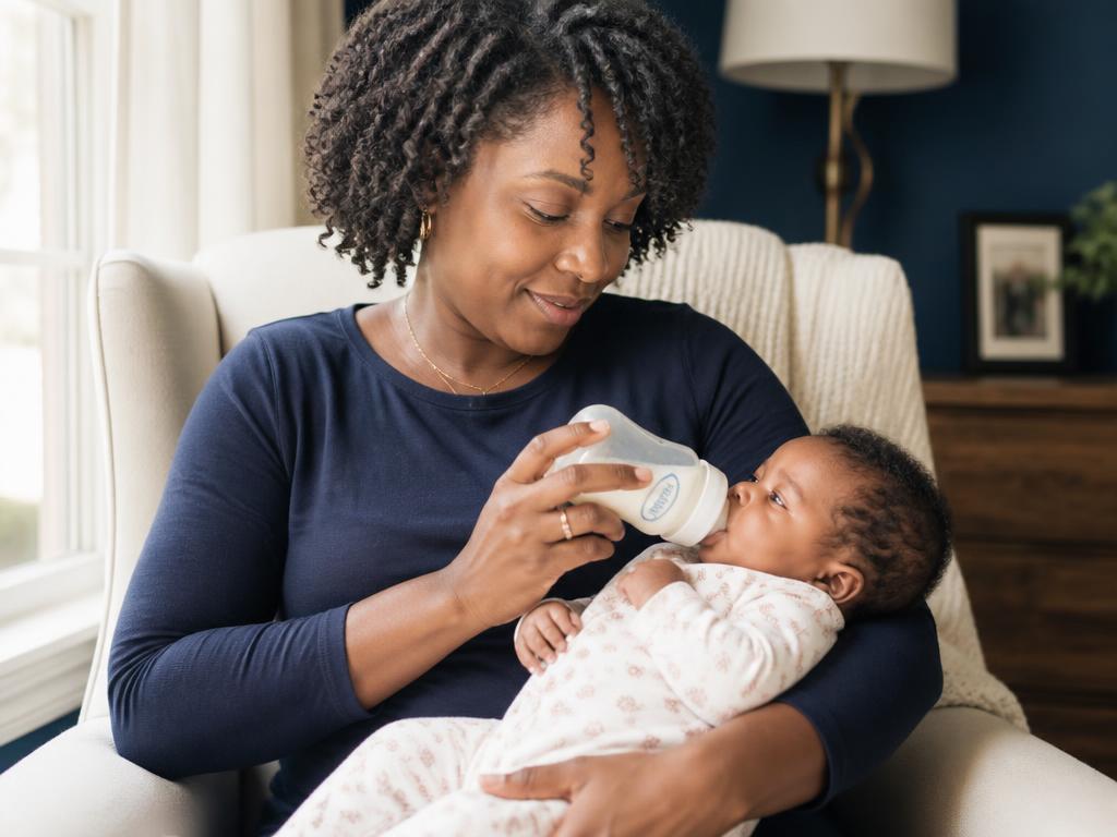 A mother bottle-feeding her newborn beside a sunlit window