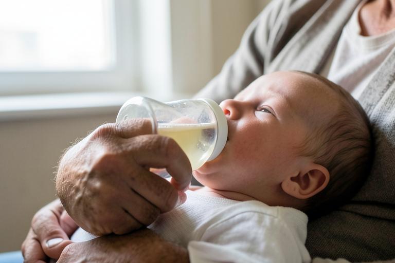 A parent bottle-feeding an infant by a bright window