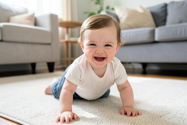 A smiling baby crawling on a living room rug
