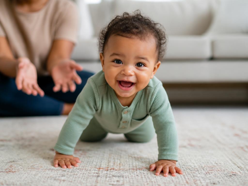 A smiling baby crawling across a living room rug towards a parent