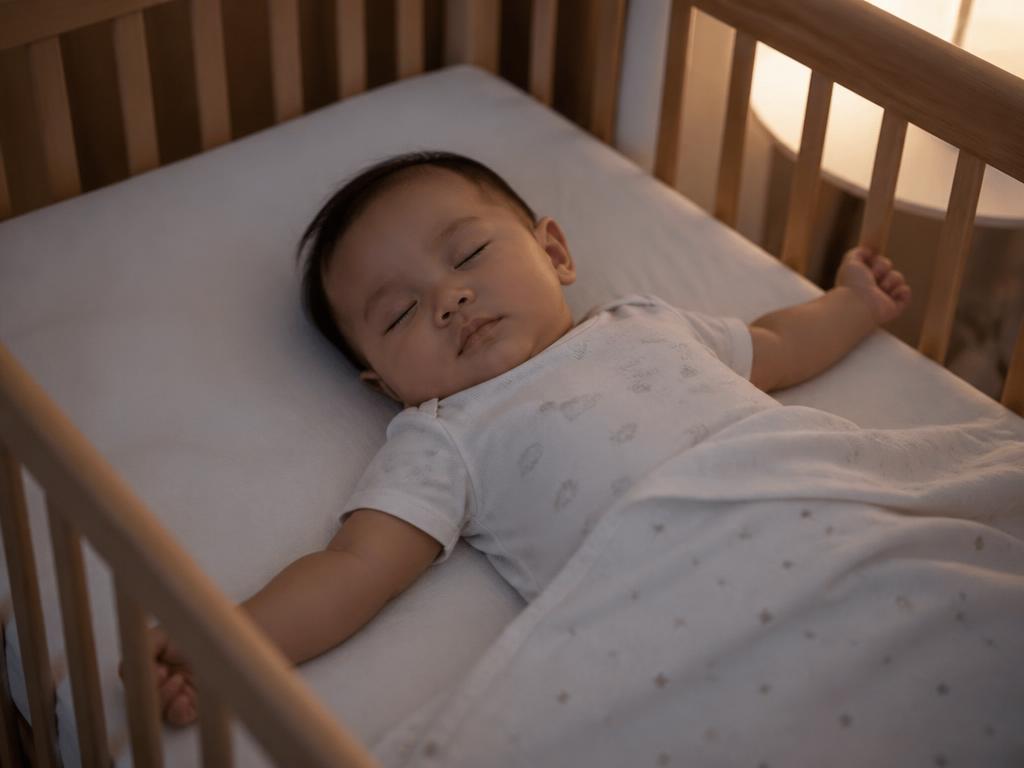 A baby sleeping peacefully on their back in a wooden crib
