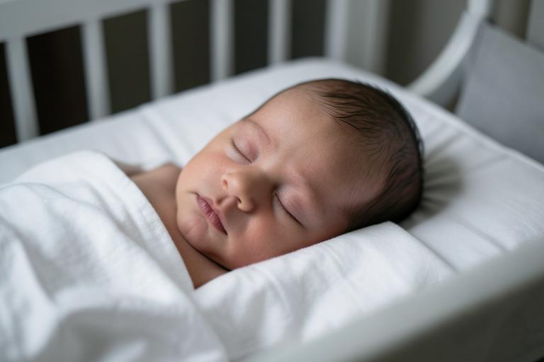 A newborn sleeping peacefully in a crib