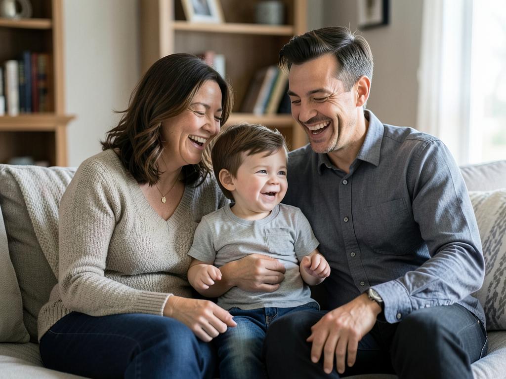 A mother, father and their young child laughing together on a sofa