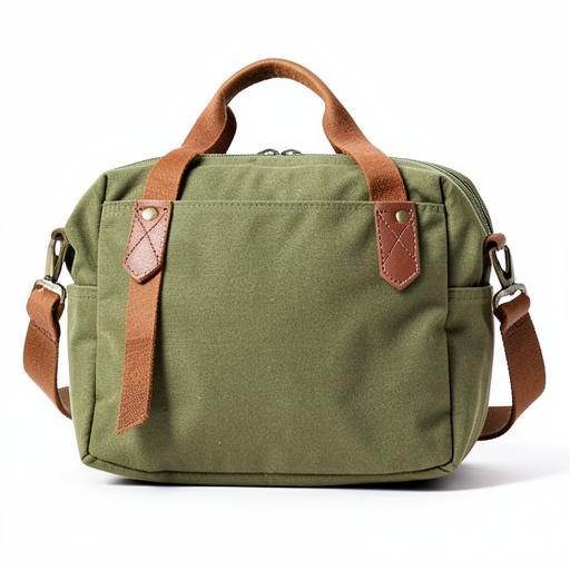 An olive canvas diaper bag with leather straps