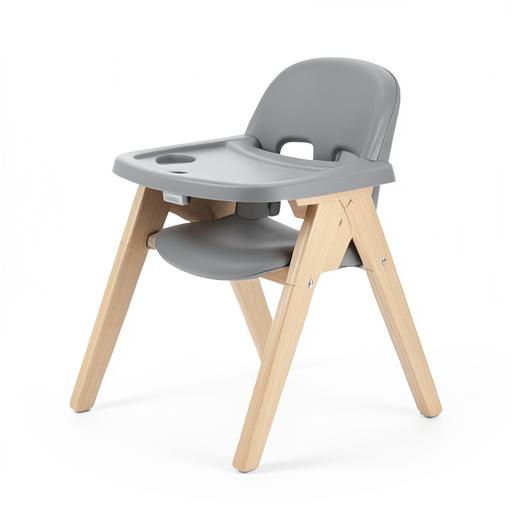 A wooden and grey convertible high chair
