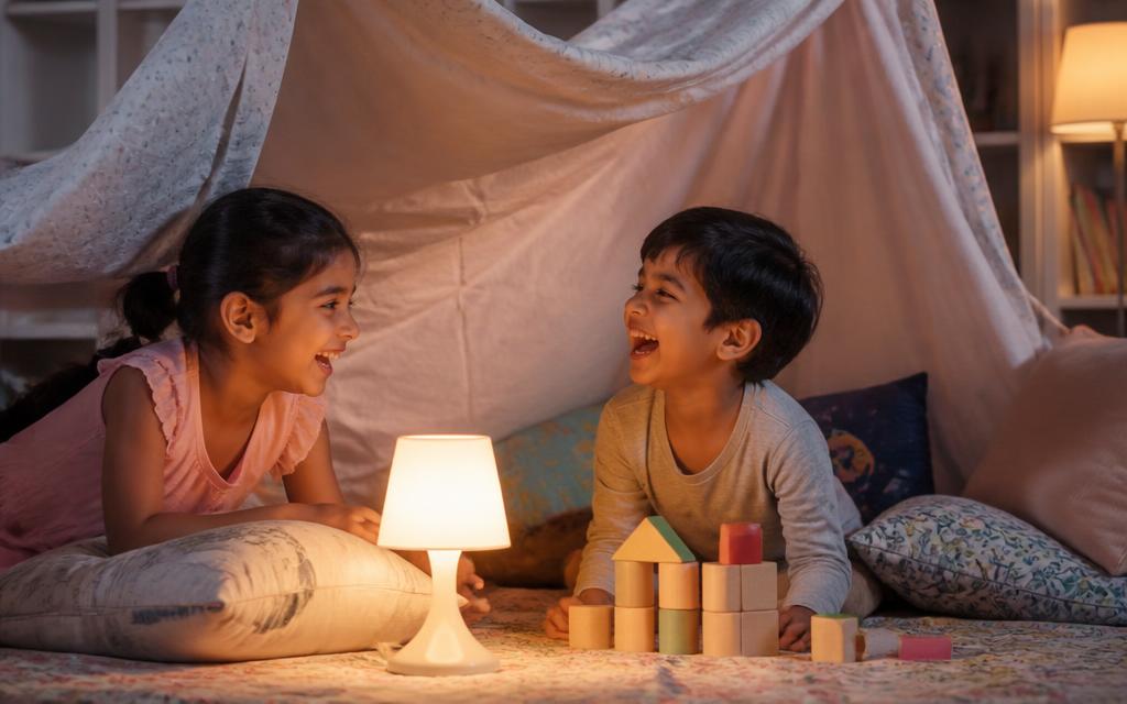 Two siblings laughing inside a blanket fort on a rainy afternoon
