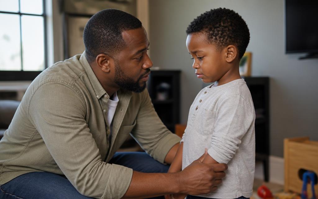 A father crouching down to calmly comfort his upset preschooler