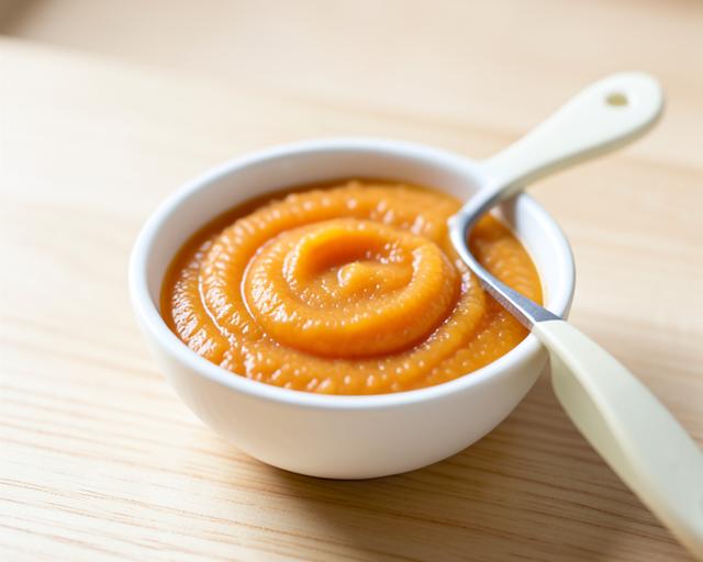A small bowl of smooth vegetable puree with a baby spoon